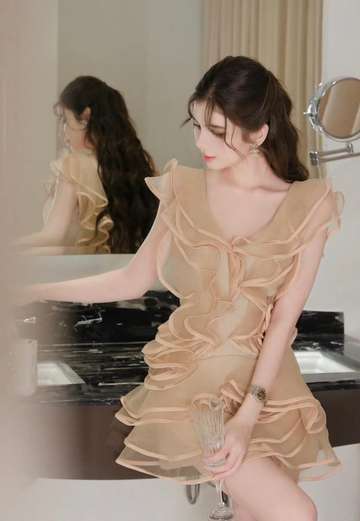 Light Brown A Line V Neck Ruffle Layered Tulle Short Homecoming Dress Outfits HZ1023